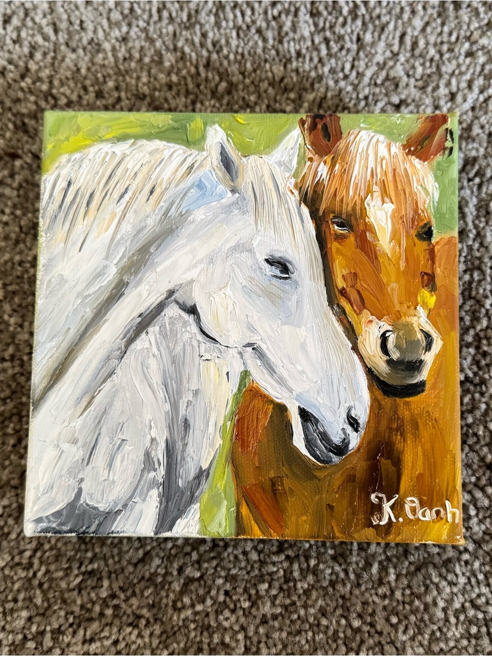 Original oil painting horses portrait canvas signed 6x6 inches